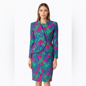 Vintage DAVID WARREN 2-piece Floral Silk Suits Women’s Size 14 Spread Collar